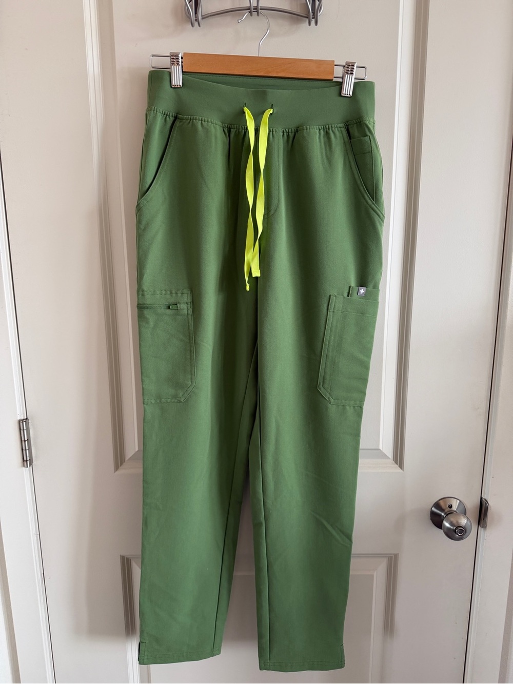 Figs Sage Green Women's Scrub Pants with Neon Yellow Drawstring